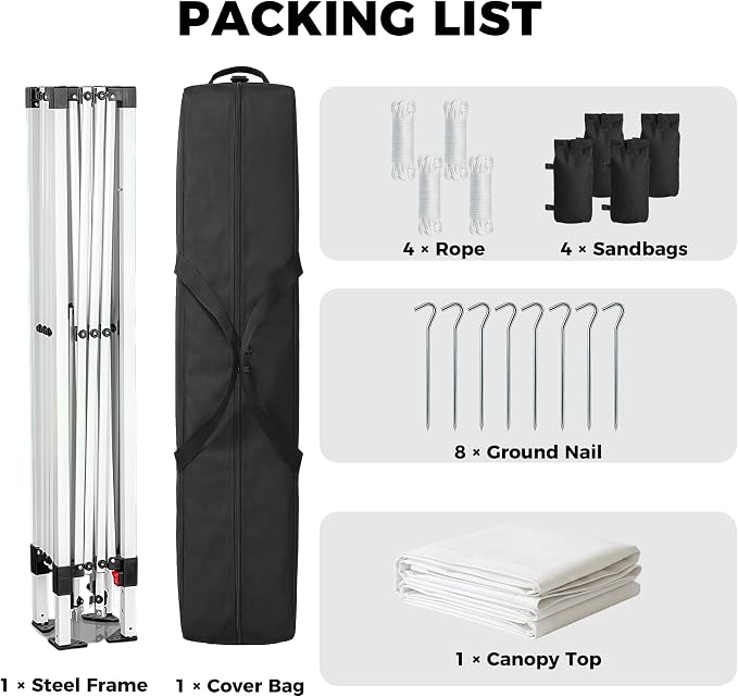 10x10 Pop Up Canopy One Push Setup Portable Heavy Duty Outdoor Beach Tent with 3 Heights & 4 Sandbags Sun Shade with Rolling Bag for Events Parties Camping, White