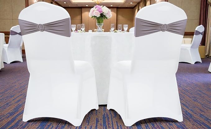 MDS Pack of 75 Spandex Chair Sashes Bow Premium Stretch Chair Cover Band with Buckle Slider Universal fits Elastic Dining Chair Ties for Wedding Party Banquet Events Decoration - Silver Gray