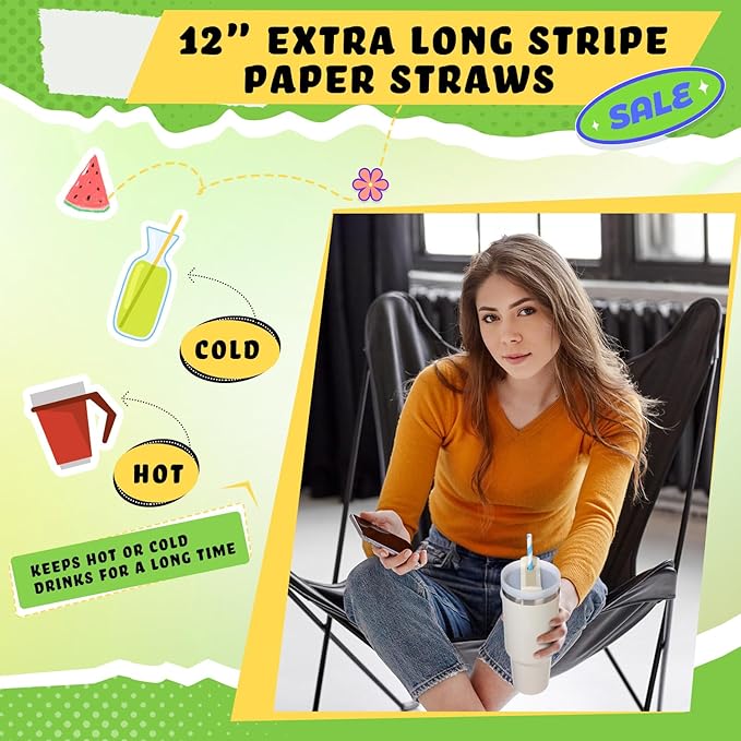 Eaasty 1000 Pack 12 Inch Extra Long Paper Straws Bulk Disposable, 8 mm Wide Stripe Straws in 5 Colors, 100% Biodegradable, Non-soggy Paper for About 40oz Tumblers Smoothies Tall Drinks