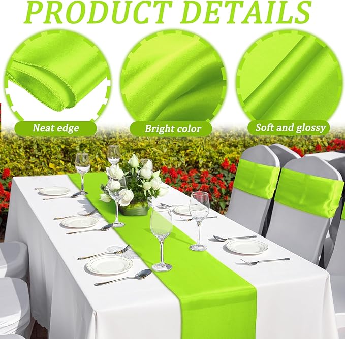 Bencailor 24 Pcs Bright Green Satin Table Runner Bulk 12 x 108 Inches Long Table Runners Bright Smooth Fabric Tablecloth for Wedding Banquet Birthday Spring Graduation Party Decorations