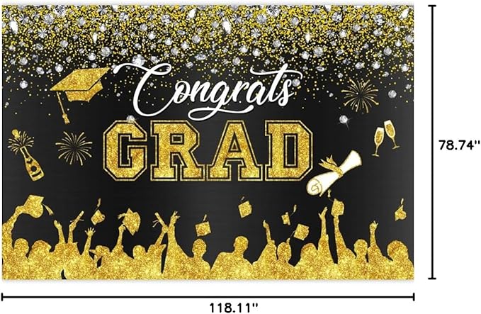 Leowefowa Congrats Grad Backdrop 10x6.5ft Black Gold Glitter Graduation Backdrops for Photography Congratulations Graduates Backdrop Banner Grad Prom Party Decor Grad Photo Booth Props
