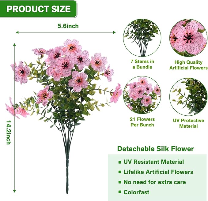 Artificial Flowers Fake Plants for Outdoors Spring Decoration, 13Bundles Silk Realistic UV Resistant Faux Flowers for Outside Planter Porch Yard Patio Garden Home Indoor, Pink