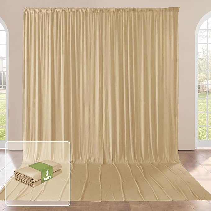 10x16ft Beige Backdrop Curtains for Wedding Party, 2 Panels 16 ft Long Back Drop Cloth, Wrinkle-Free Polyester Drapes for Birthday, Baby Shower, Stage Photography Background