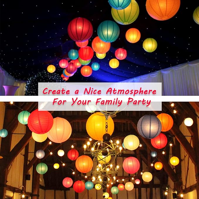 Hanging Paper Lanterns Decorative, Rainbow Colorful Chinese Paper Lanterns Ceiling Party Decorations with 14 LED Lights for Fiesta Mexican Party Baby Shower Birthday Wedding Anniversarie, Pack of 14