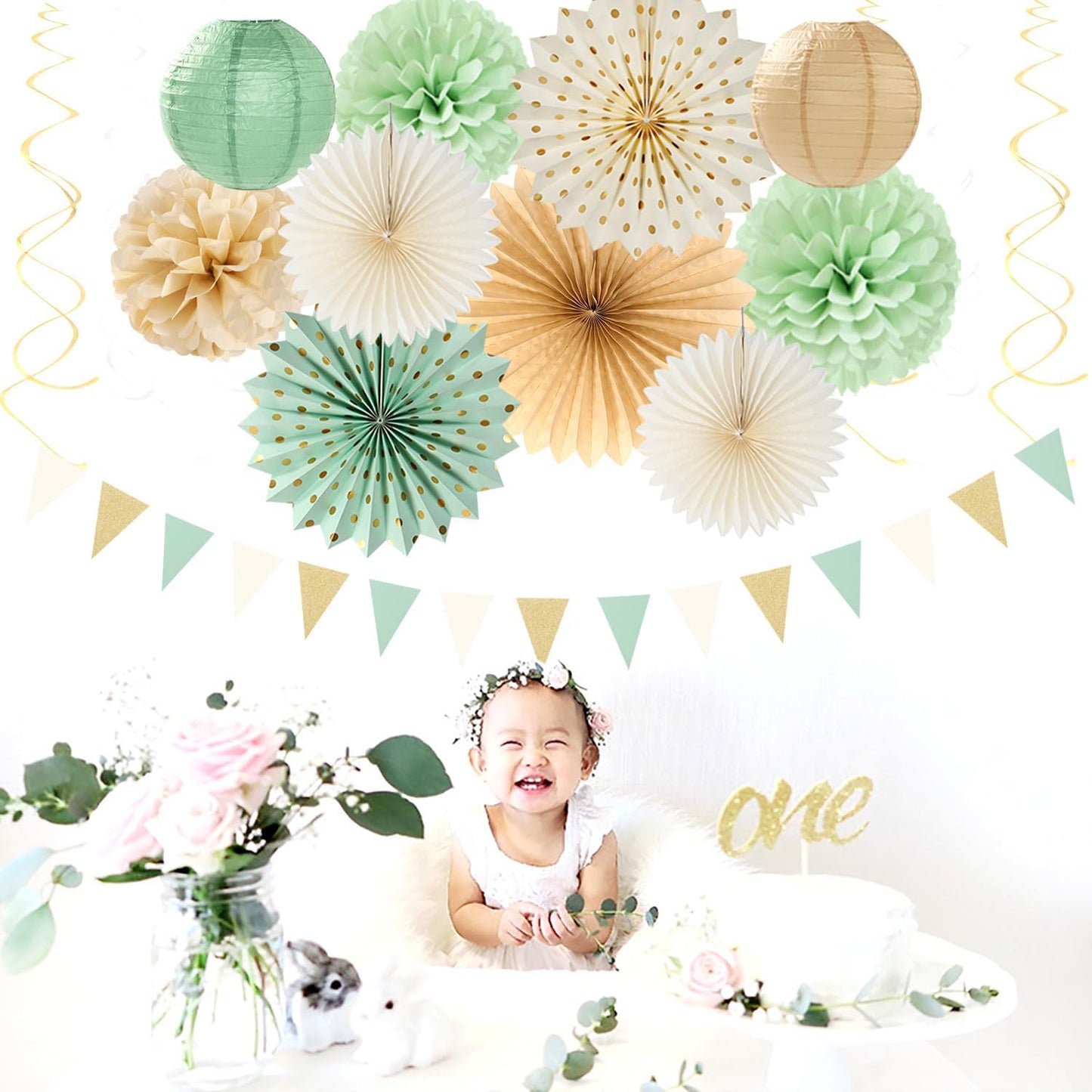 Sage-Green Beige Champagne-Gold Party-Decorations - 33pcs Neutral Women Birthday Baby Shower Banner,Streamers Tassel Garland,Tissue Pom Poms,Paper Lantern Fans,Boho Wedding Bachelorette Decor Hugtmr