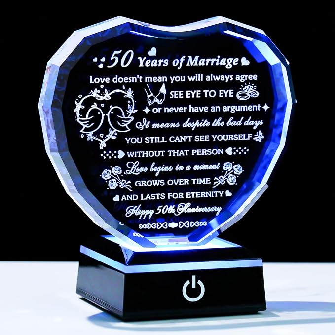Arikyrist 50th Wedding Anniversary Crystal Gifts for Couple Parents, Laser Engraved 50 Years Anniversary Heart Keepsake Gifts for Wife Husband, Romantic 50 Year of Marriage Gift for Him Her Friends