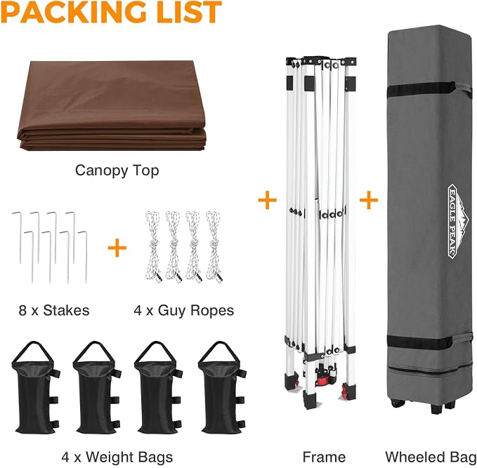 EAGLE PEAK Pop Up Canopy Tent with Wheeled Carry Bag, 8 Stakes, 4 Ropes, 4 Weight Bags, Easy Set Up Tent Canopy, 10x10 ft, 100sqft of Shade, Dark Brown