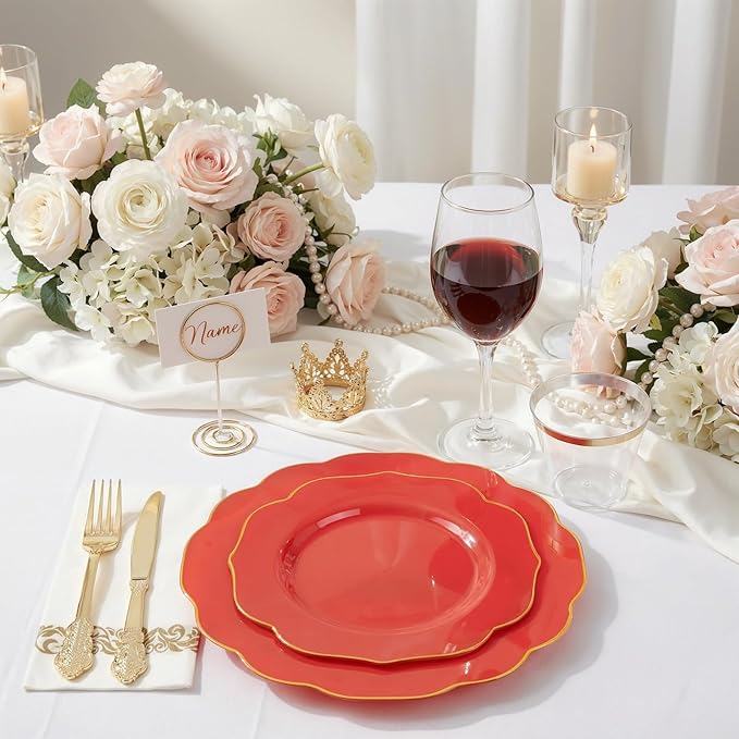 NOCCUR 175PCS Red Plastic Plates with Gold Disposable Silverware - Include 50 Red Gold Plastic Plates,25 Knives,25 Forks,25 Spoons,25 Cups and 25 Napkins - Ideal for Party/Mother's Day