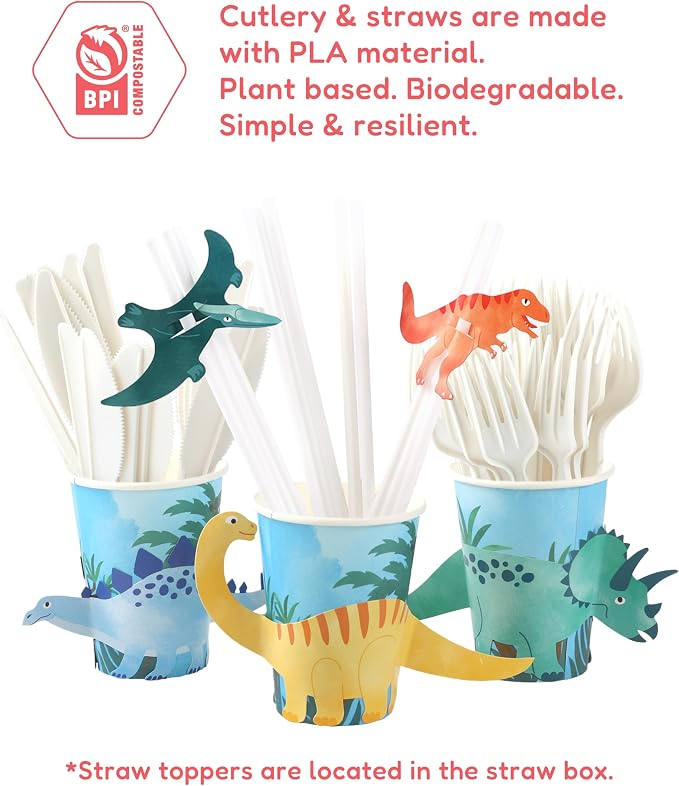 YESBOX Dinosaur Birthday Decorations Set with Dinosaur Paper Plates, Napkins, Cups, Cup Sleeves,Straw Toppers and PLA Cutlery for 20 Guests -Total 201pieces, Unique Gift for Kids