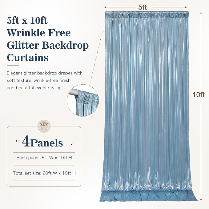 20x10ft Dusty Blue Sequin Backdrop Curtains, Wrinkle Free Glitter Backdrop Drapes for Wedding Parties Photography Stage Decor, Non-Shedding 4 Panels Set (5x10ft Each)