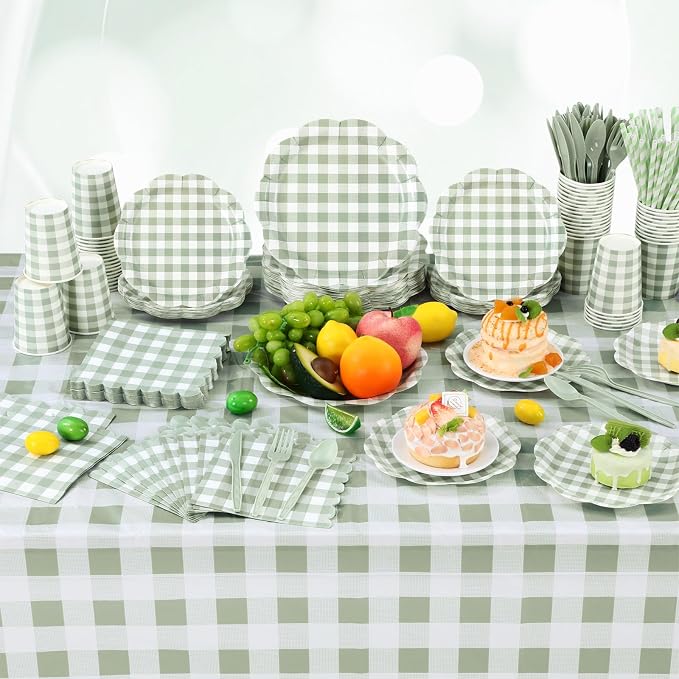 Funnymoom 452 Pcs Sage Green Gingham Party Supplies for 50 Guests, Green Gingham Paper Plates Napkins Cup Tablecloth Disposable Tableware for BBQ Picnic Birthday Baby Shower Wedding Party Decoration