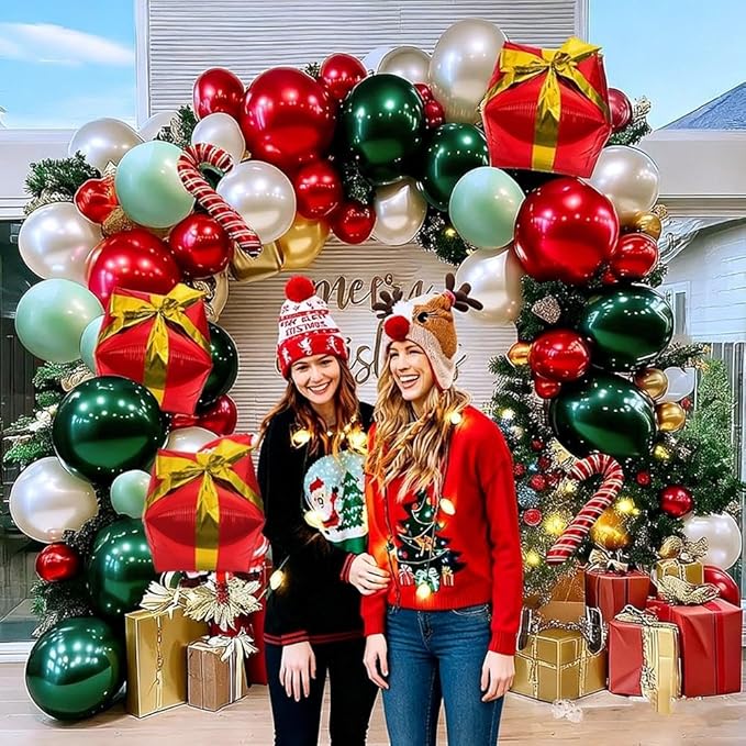 Christmas Balloon Arch Kit, Double Stuffed Dark Green Red Pearl White Gold Balloons Emerald Green Burgundy Balloon Garland for Christmas New Year Xmas Birthday Wedding Festival Party Decorations