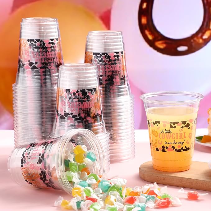 Funnymoom 60 Pack Cowgirl Baby Shower Plastic Cups 12 oz a Little Cowgirl Is on the Way Western Disposable Clear Plastic Drinking Cups for Wild West Rodeo Baby Shower Decoration Supplies