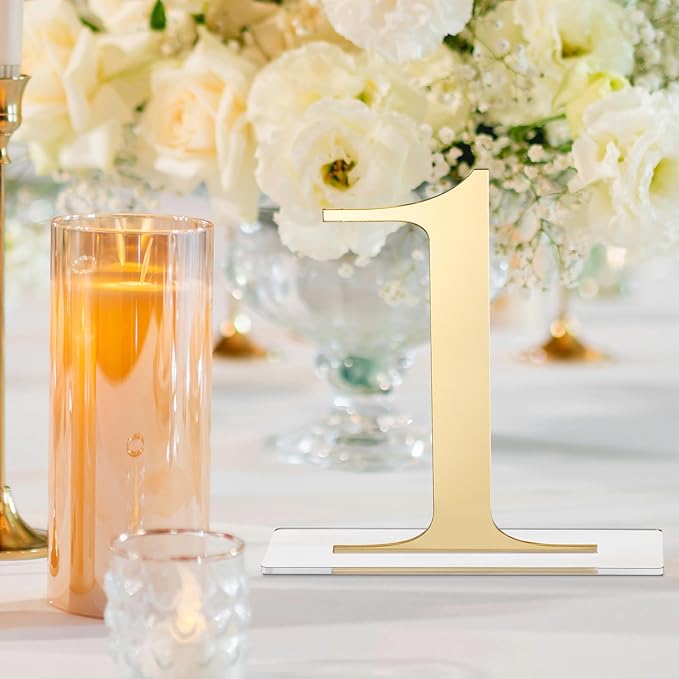 SiliFine 10 Pcs Wedding Table Numbers 1-10 Signs Acrylic Mirror Table Numbers with Protective Film for Wedding Reception Party Birthday Anniversary Event Decorations(Gold)