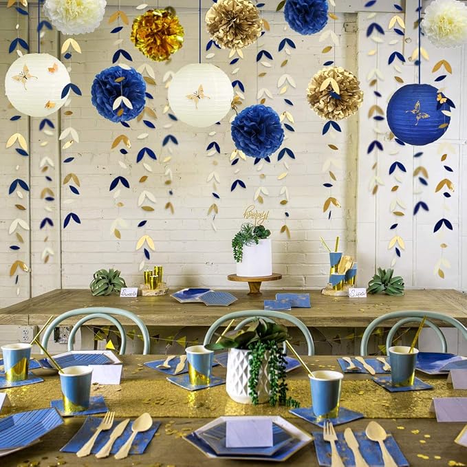 Navy Blue and Gold Party Decoration Kit Lanterns Flowers Pom Pom with Champagne Gold 3D Butterfly Stickers and Leaf Garland Streamers for Birthday Engagement Wedding Bridal Shower Bachelorette Party