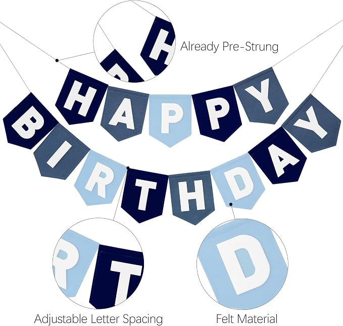Felt Navy Blue Happy Birthday Banner Birthday Decorations for Women Girls Boys Men Pets Handmade Party Backdrop