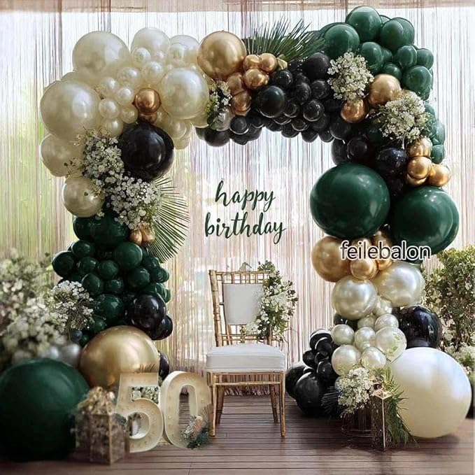 Dark Green Black Balloon Arch Double Stuffed Emerald Hunter Green, Pearl White Sand Gold Balloon Garland Kit for Birthday Wedding Anniversary Bridal Baby Shower Graduation Party Decoration