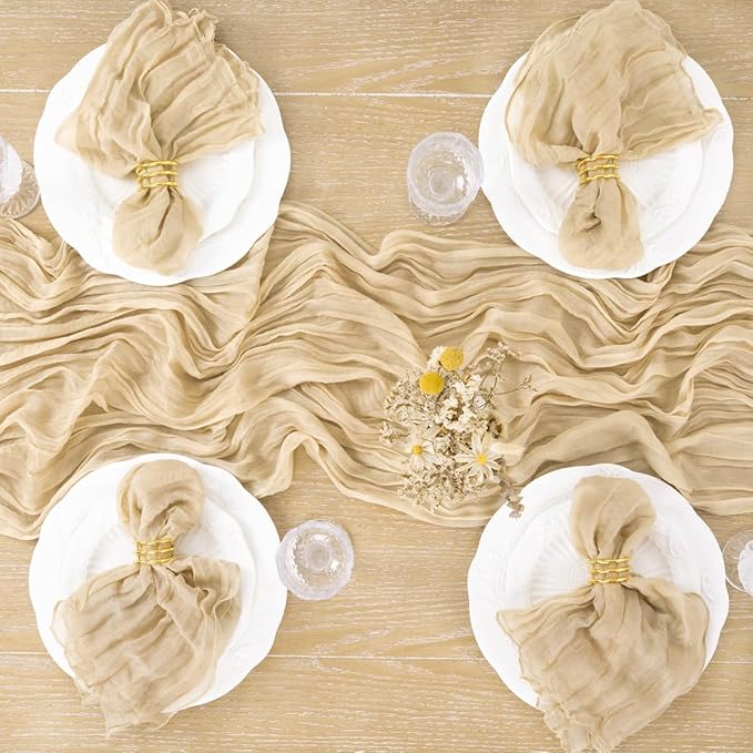 MLMC Champagne Cheesecloth Table Runner 10ft Sand Rustic Gauze Cheese Cloth Table Runner 35x120 Inches for Farmhouse Cozy Holiday Outdoor Events Home Decor