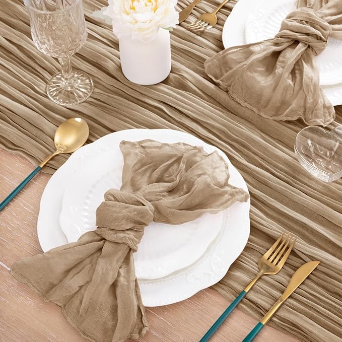MLMC 12 Pack Nude Cheesecloth Table Runner 10ft Boho Rustic Gauze Taupe Cheese Cloth Table Runner Neutral Decor 35x120 Inches for Reception Wedding Bridal Shower Party Decor
