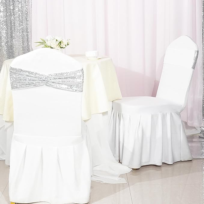 Poise3EHome Set of 50 Stretch Sequin Chair Sashes Silver One-Sided Sequins Decorative Bands for Wedding Party Event Chair Covers