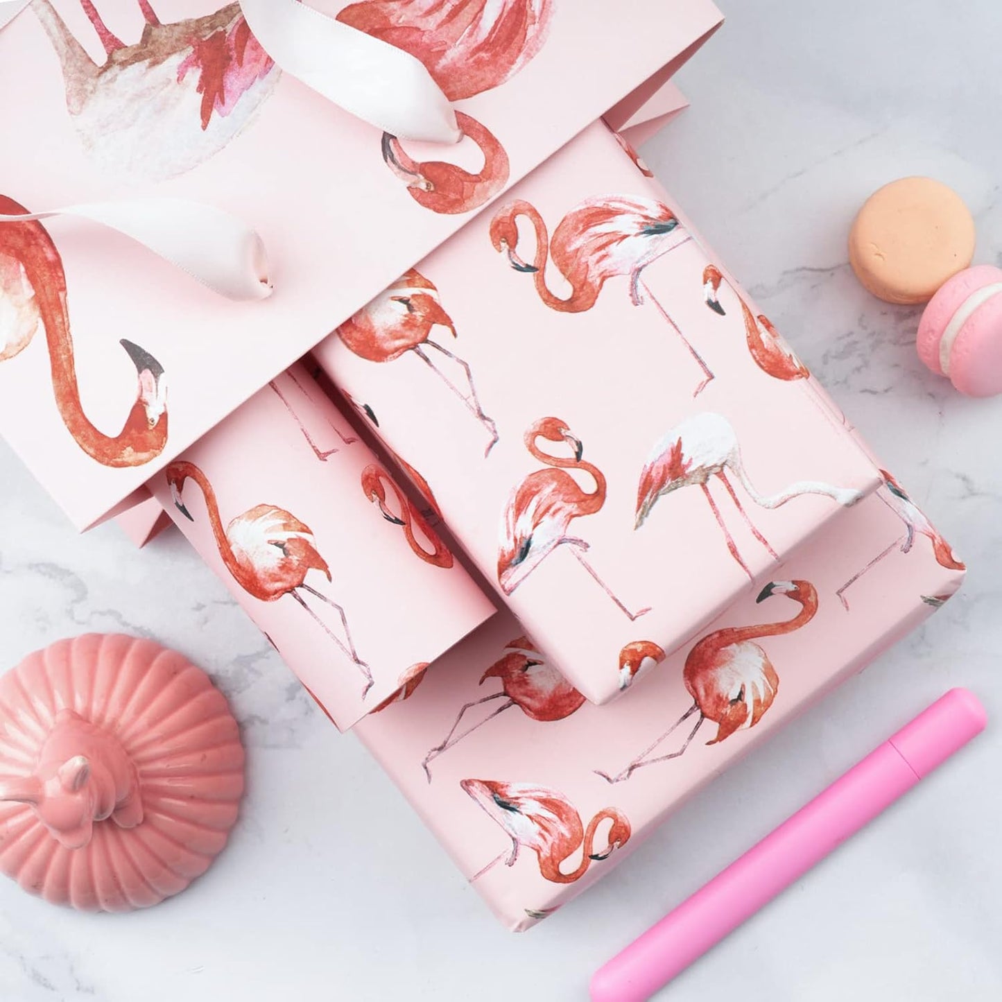 WRAPAHOLIC Reversible Flamingo Wrapping Paper - Mini Roll - 17 Inch X 33 Feet - Pink Flamingo Birthday Wrapping Paper Tropical Hawaii Design for Birthday, Holiday, Wedding, Baby Shower