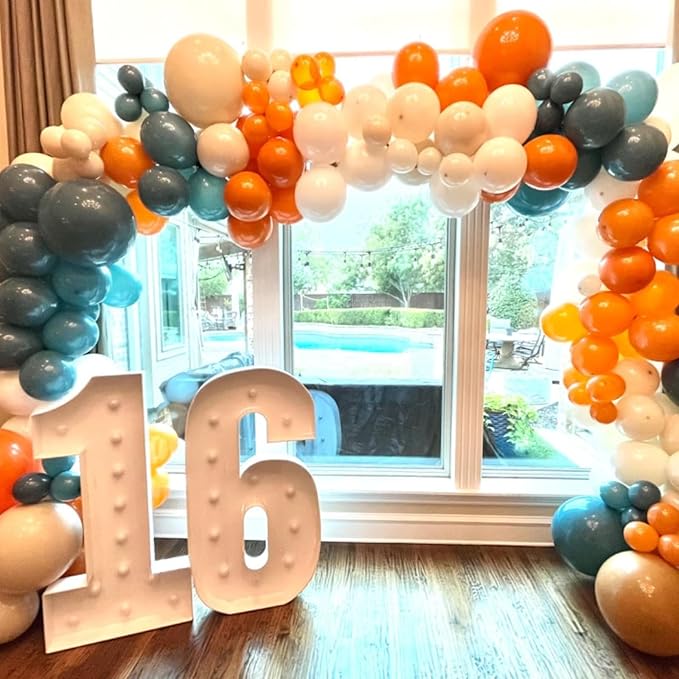 Double Stuffed Dusty Blue Orange Balloon Arch Kit, Boho Neutral Balloon Garland Burnt Orange Terracotta Dark Teal Turquoise White Sand Latex Balloons for Fall Themed Wedding Birthday Party Decorations