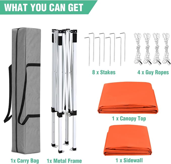 5x5 Pop Up Canopy Tent with One Sidewall, Instant Portable Beach Canopy, Outdoor Tent with Carry Bag for Camping, Sports, Tailgating, Events, Orange