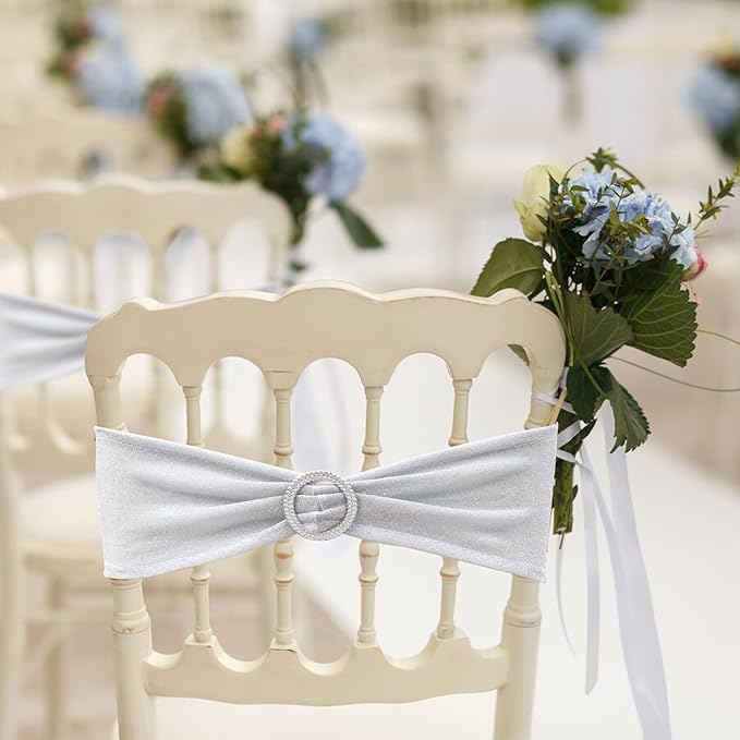 SquarePie Pack of 50 Silver Chair Sashes Bows with Buckle Slider Universal Elastic Spandex Bands Ties for Banquet Event Decor