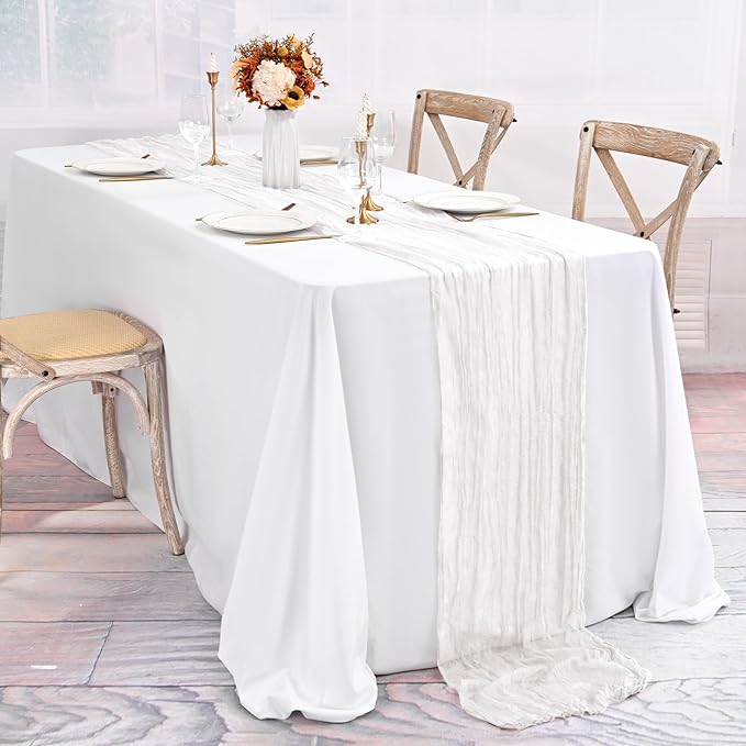 20 Pack White Table Runner 10Ft Cheesecloth Table Runner Boho Gauze Table Runners Romantic Long Sheer Fabric Cheese Cloth Table Runners for Wedding Party Bridal Shower(White)