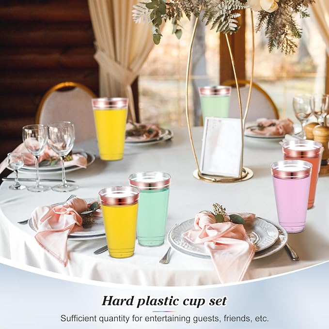 Sliner 50 Pcs Hard Plastic Cups Double Rimmed Plastic Cups Heavy Duty Fancy Wine Glasses for Holiday Christmas New Year Winter Birthday Party Supplies(16 Oz,Rose Gold)