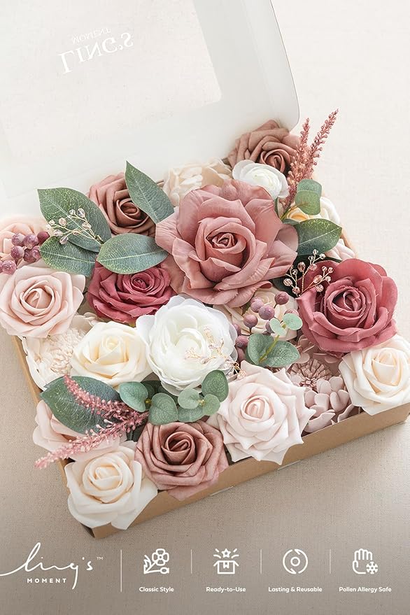 Ling's moment Fake Flowers Box, Faux Artificial Greenery Stems Foam Roses Berry Silk Peonies Eucalyptus Fabic Flower for Centerpieces Bouquet Wedding Floral Vase, Cinnamon Rose & Ivory, Grand Combo
