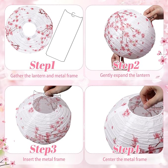 Honoson 12 Pcs Cherry Blossom Paper Lanterns Spring Floral Cherry Blossom Party Decorations Hanging 10 Inch Chinese Lanterns for Wedding Bridal Shower Baby Shower Tea Party Decorations