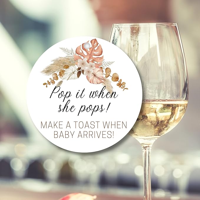 Pop It When She Pops Champagne | 30 Pack | 2.5" Circle Tag With Pre-Cut Hole | Baby Shower Party Favor | Boho Flower Design