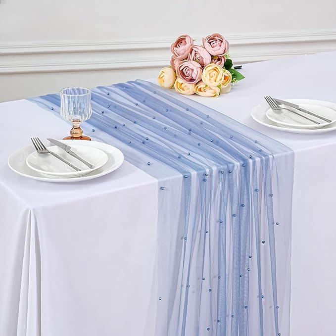 6 Pack Pearl Tulle Table Runner 29x120 Inch Boho Gauze Table Runner Rustic Cheese Cloth Long Table Runner Romantic Runners for Wedding Bridal Shower Birthday Party Table Decor (Dusty Blue)