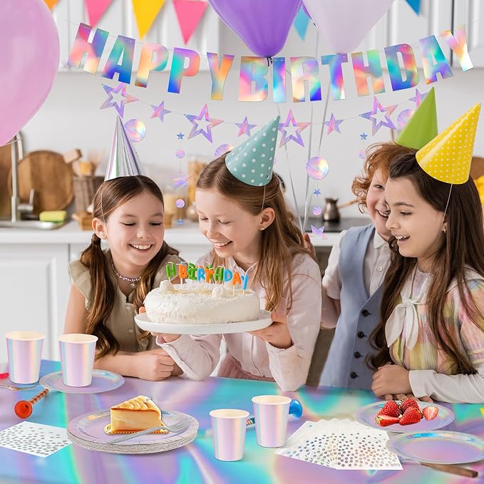 Iridescent Party decorations Kpop Birthday Decorations Holographic Party Supplies Iridescent Plates Cups Napkins Tablecloth Birthday Banner Star Garland Streamer Disco Kpop Party Serve 24