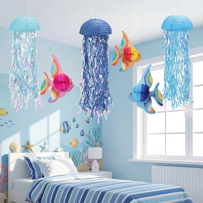 Ceenna 18 Pcs Under the Sea Decorations Kit with 6 Hanging Jellyfish and 12 Tropical Fish, for Mermaid Birthday Party, Ocean Shower, Nautical Wedding, and Beach Classroom Decor(3 Types of Fish)