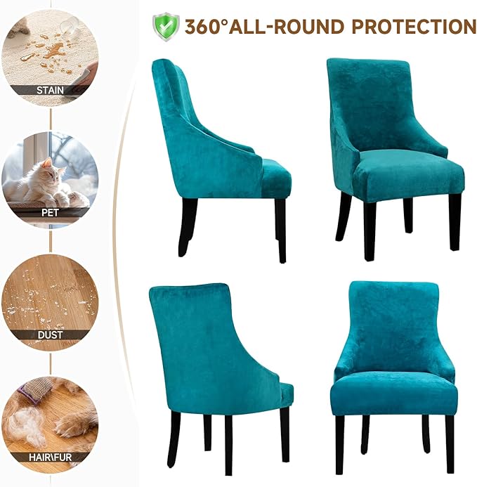 Velvet Wingback Dining Chair Cover Soft Stretch Accent Chair Cover Slipcover Thick Plush Wing Back Chairs Covers Furniture Protect Washable Chairs Protector Covers for Dining Room (Peacock Blue, 4)