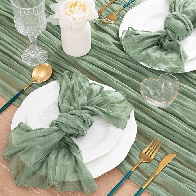 MLMC 8 Pack Sage Green Table Runner 10ft Rustic Gauze Spring Cheesecloth Table Runner 35x120 Inches Cheese Cloth for Boho Wedding Bridal Shower Centerpiece Decor