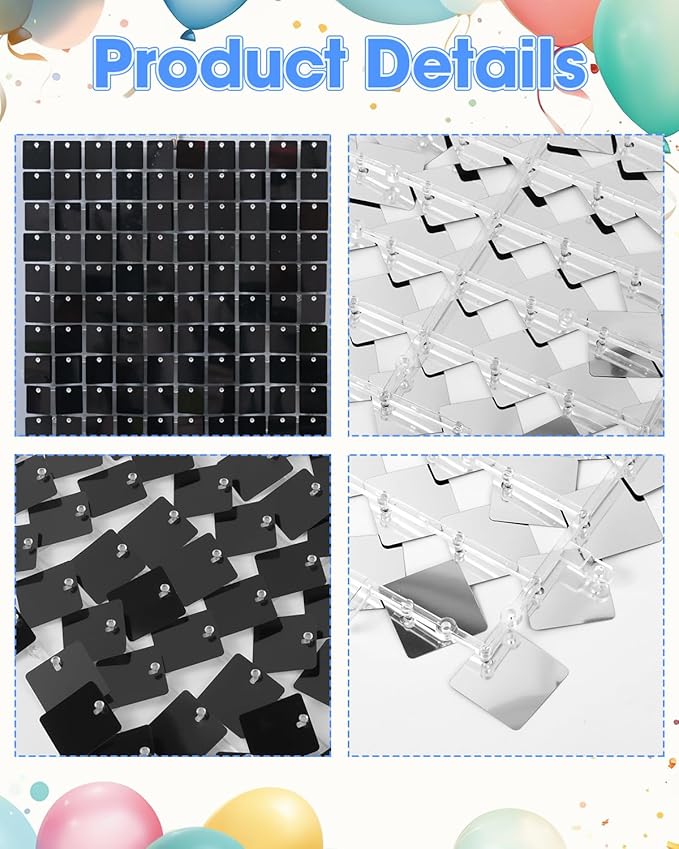 Black Shimmer Square Sequin Wall Panel Backdrop Decoration for Wedding,Anniversary,Birthday,Party,Photo Backdrop,36 Panels Cover 6 x 6 Ft