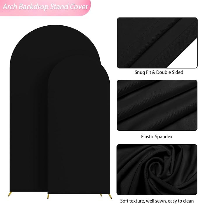 Wokceer Wedding Arch Backdrop Cover 7.2FT, 6FT Spandex Fitted Wedding Arch Stand Covers 2 Set Round Top Chiara Backdrop Stands Cover for Birthday Party Ceremony Banquet Decoration Black
