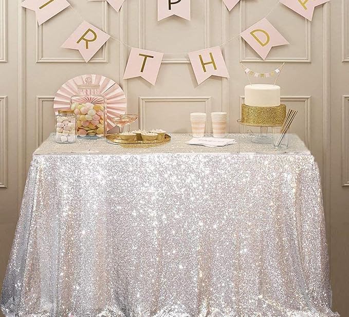 Juya Delight 50" x 80" Silver Rectangle Sequin Tablecloth for Party Dinner Banquet Festival Wedding Anniversary Exhibition Dessert Table