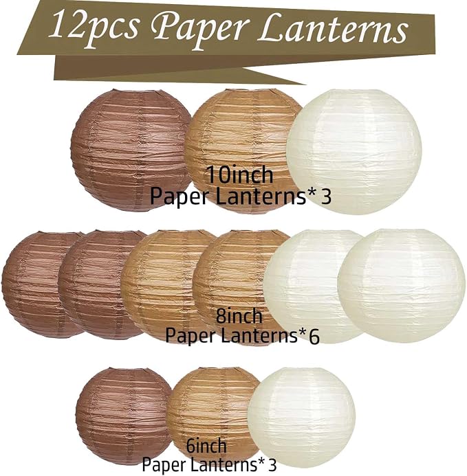 Boho Paper Lanterns, 12 Pcs Brown Nude White Chinese Lanterns Different Sizes for Baby Shower Garden Tea Party Bachelorette Birthday Wedding Party Decorations