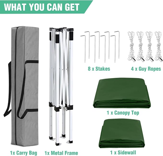 5x5 Pop Up Canopy Tent with One Sidewall, Instant Portable Beach Canopy, Outdoor Tent with Carry Bag for Camping, Sports, Tailgating, Events, Green