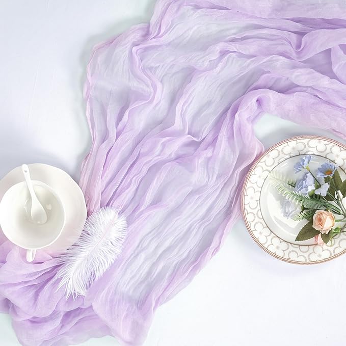 16 Pack Lilac Purple Cheesecloth Table Runner 10ft Boho Gauze Fabric 120 Inch Cheese Cloth Table Runner Rustic Sheer for Holiday Baby Shower Party Décor Home Wedding Decoration