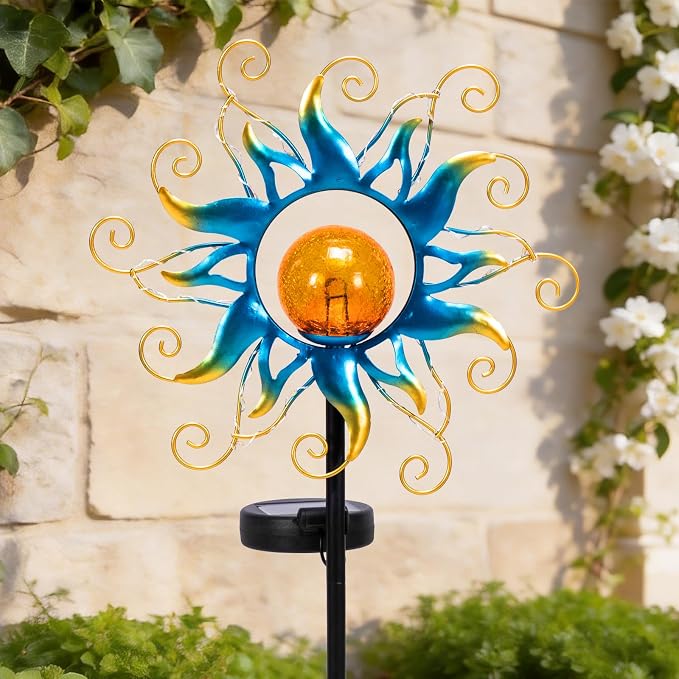 Solar Lights Outdoor Garden Decor, Blue Metal Sun Crackle Glass Globe Stake Waterproof 30LED Decorations Unique Gifts for Women,Mom,Outside, Patio,Lawn,Yard,Pathway