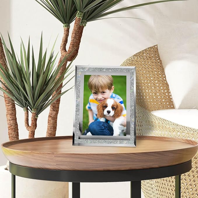 HIKWADERY 5x7 Picture Frames Silver - Set of 4, Sparkle Real Glass 5 by 7 Photo Frame Mirrored Edge Great Gift, for Tabletop Display, Wedding Birthday Mothers Day Gifts (5 x 7, Glitter Silver)