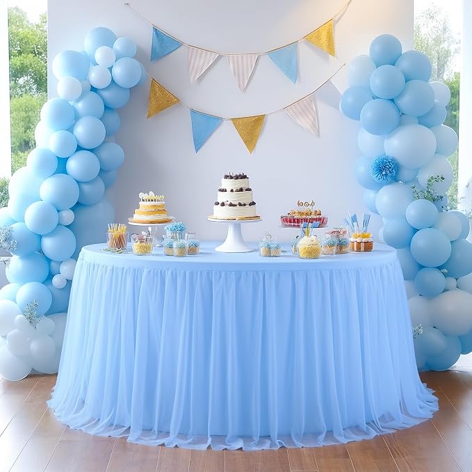 HB HBB MAGIC Baby Blue Tablecloth for Round Table 72 inch Stretchy Elastic Fitted Round Table Cloth Cover 120 inch, Tulle Table Cloth with Skirt Baby Shower Birthday Party Cake Tables Decorations