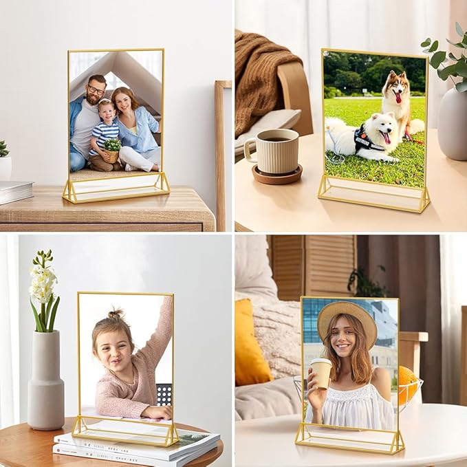 PPH-Sisy 5X7 Gold Frames Double Sided Acrylic Sign Holder Tabletop Picture Frames Vertical Display Stand for Shop School Home,Set of 6