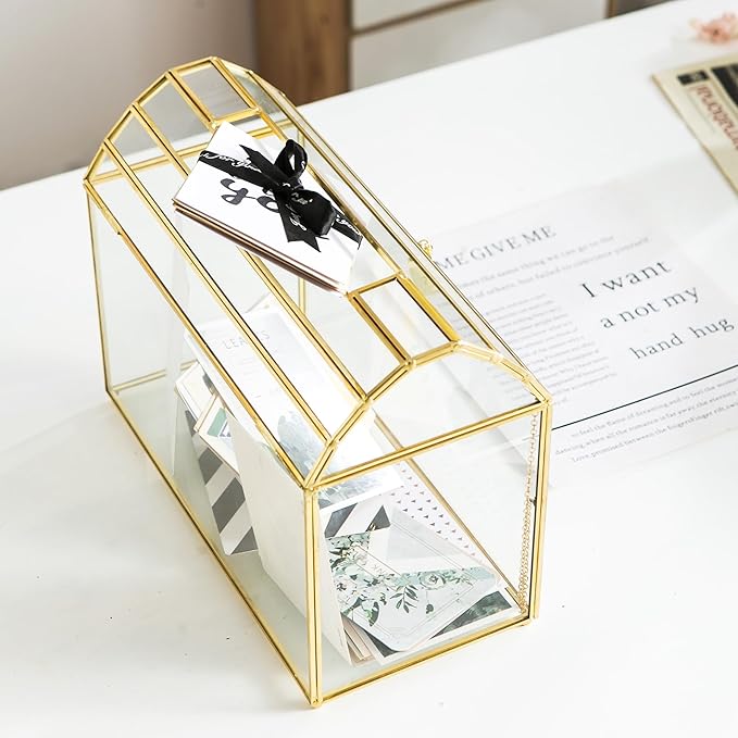 Wedding Card Box with Slot, 12.2'' Large Glass Card Boxes for Reception, Gold Cards Holder, Clear Decorative Storage Box with Lock for Baby Shower, Birthday Party, Christmas, Bridal Shower