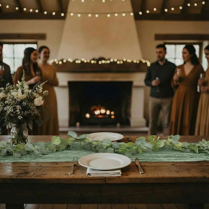 Leinuosen 8 Set 10 Ft Sage Green Cheesecloth Table Runner Wedding Decor with 6 Ft Eucalyptus Garland, Boho Gauze Table Centerpiece Runner for Wedding Baby Shower Birthday Party Decoration